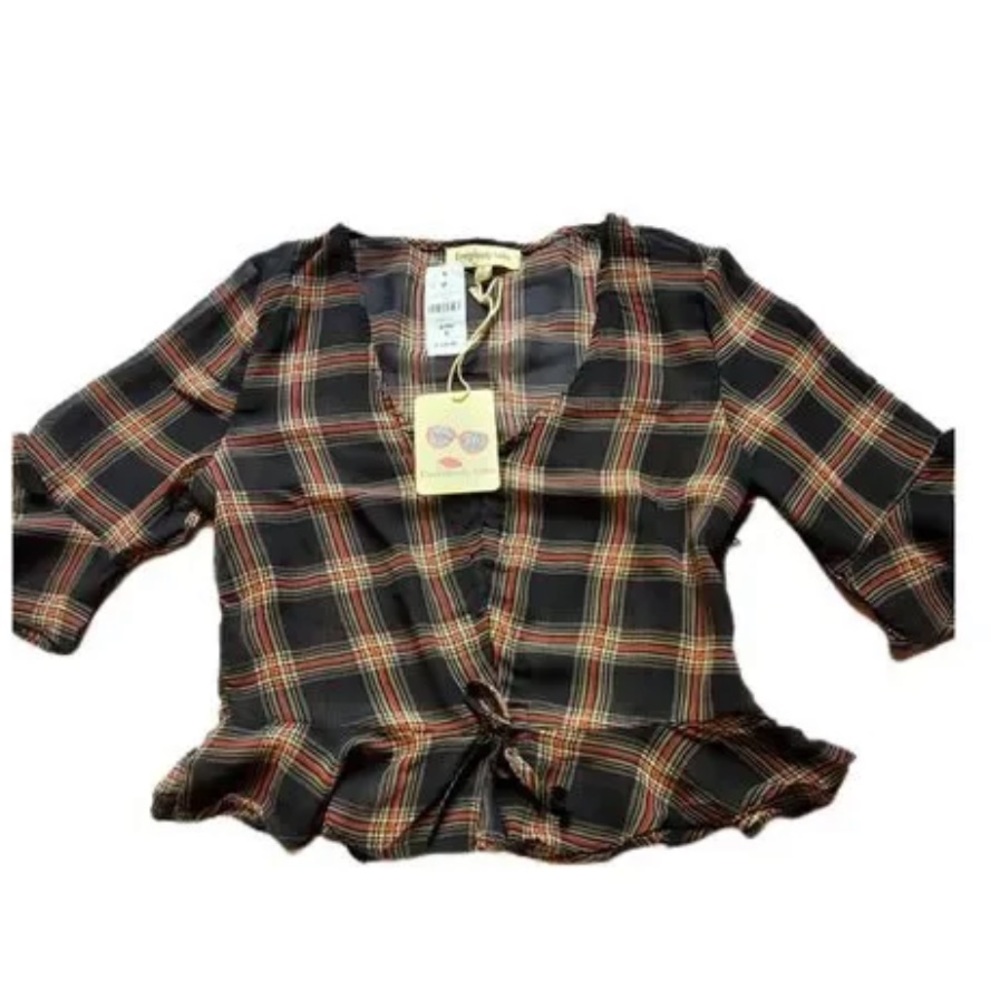 NWT Everybody Talks Plaid Front Tie Crop Top Semi Sheer, size Small